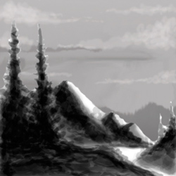 image showing brush work of forest and mountains
